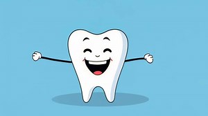 Happy cartoon tooth dancing and waving on blue background in playful animation sequence