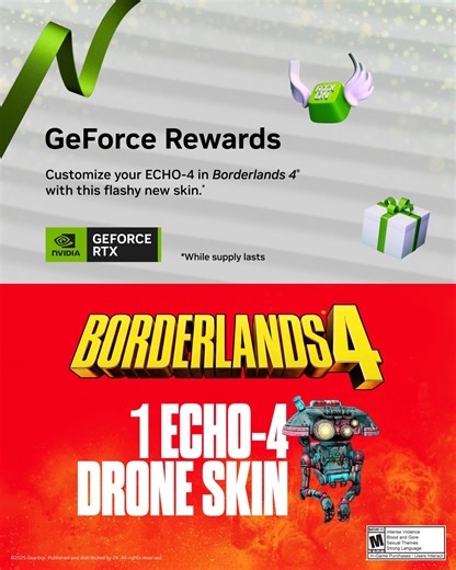 ❄️ #GeForceSeason of Giving❄️ New GeForce Reward available now! Customize your ECHO-4 Drone in @BorderlandsGame 4 with this flashy new skin. Redeem now in NVIDIA app → https://nvda.ws/44mz18G | NVIDIA GeForce Singapore