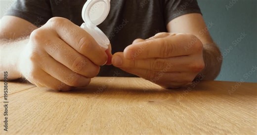 Close-up of a person removing a pill from a blister pack while sitting at a table.