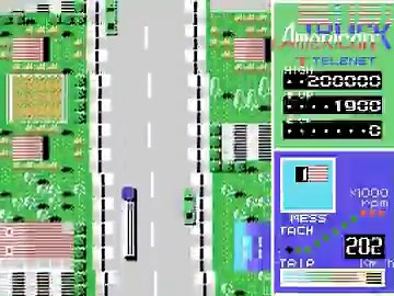American Truck for MSX (by Telenet Japan/1985) was a significant early hit for the company.With the similar high speed scrolling of Road Fighter but you can ram and destroy other cars, and features toll roads and bifurcations. Destroying ambulances and school buses will reduce your score.It's for MSX1 but was also available on the Sharp X1, PC-98 and PC-88 computers, with the PC-88 identified as its first platform.