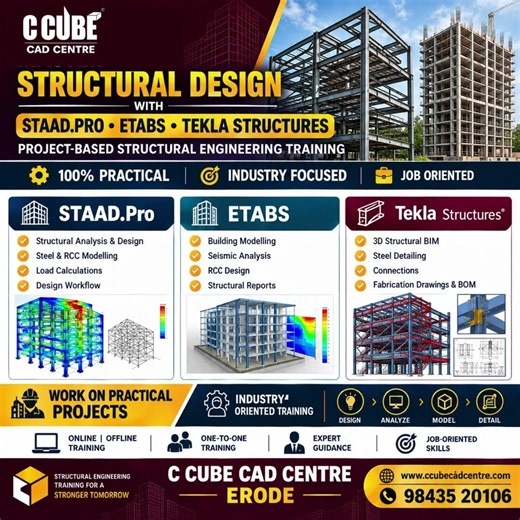 STAAD.Pro + ETABS + Tekla Structures Training in Erode | Structural Design & BIM Course | C CUBE CAD