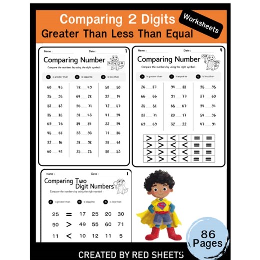 Comparing 2 Digits Greater Than Less Than Equal Worksheets
