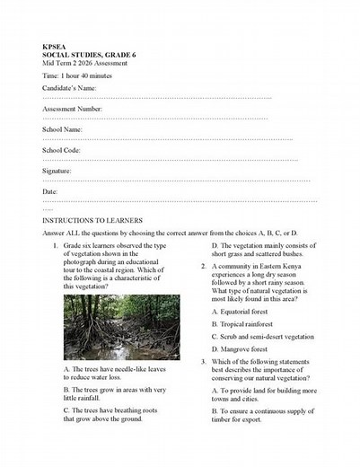Grade 6 Social Studies Mid Term 2 2026 Exam