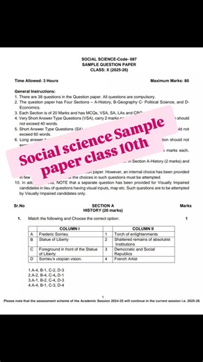 *Social Science Sample Paper Class 10th* - *Exam Duration*: 3 hours - *Maximum Marks*: 80 - *Internal Assessment*: 20 marks *Paper Pattern* - *Section A*: History (20 marks) - Multiple Choice Questions (5 marks) - Short Answer Type Questions (10 marks) - Long Answer Type Questions (5 marks) - *Section B*: Geography (20 marks) - Multiple Choice Questions (5 marks) - Short Answer Type Questions (10 marks) - Long Answer Type Questions (5 marks) - *Section C*: Civics (20 marks) - Multiple Choice Que