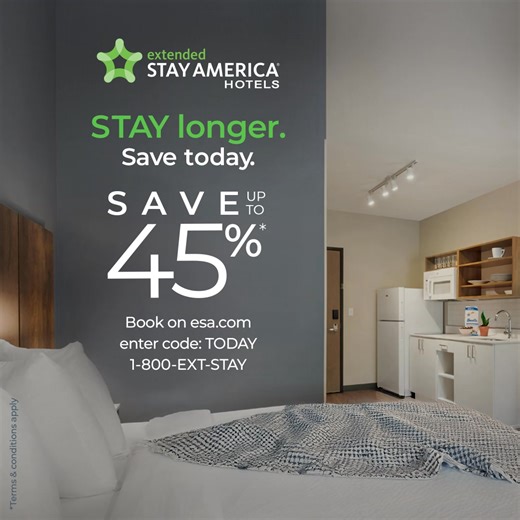 Save up to 45% when you book today! You'll enjoy fully equipped kitchens, free wi-fi, free breakfast (select locations), and spacious suites at 650 locations across the country. STAY longer. Save today. | Extended Stay America