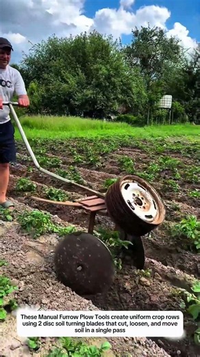Manual Furrow Plow Tools Create Uniform Crop Rows Using 2 Disc Soil Turning Blades