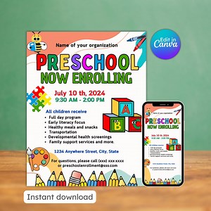 Preschool Now Enrolling Flyer, Open Enrollment, Early Childhood, School Registration, Editable, Printable, Instant Download - Etsy