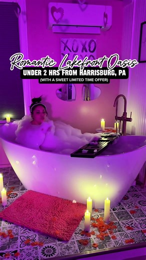 [A D] The best weekend escape, heavy on the romance, relaxation and fun👇🏼🫶🏼 Just under 2 hours from Harrisburg, PA, we found the ultimate BRAND NEW romantic oasis in the Poconos: “Laurel”, a dreamy lakeside bungalow at The Cottages on Saylors Lake in Saylorsburg, PA. This place was designed for reconnecting and unwinding together, and boyyy did it deliver! @poconogetawayspa Think soft pink hues, cozy textures, and a magical vibe that instantly melted our stress away. Soak it all in (literall