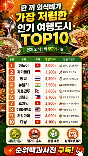 한 끼 3천 원이면 충분? 외식비가 저렴한 여행도시 TOP10 #여행물가 #먹방여행 #Shorts