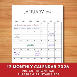 2026 Printable Calendar With Notes | Fillable Monthly Planner PDF | Lined Minimalist 2026 Calendar | US Letter 8.5x11 | Instant Download - Etsy