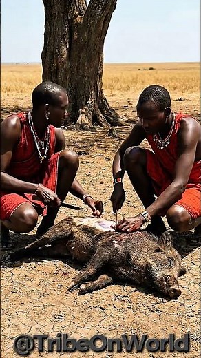 I Spent a Day with Maasai Hunters Preparing Wild Boar #triballife #tribalfeast #primitive
