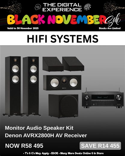 🎵 Because Music Should Be Felt, Not Just Heard. Experience rich, warm, room-filling Hi-Fi Sound that brings your favourite tracks, films, and moments to life. 💥 Black November Savings on now — valid until 30 November! 📍 In-store or online at The Digital Experience. Many more deals available - don't miss out. Shop now - https://bit.ly/43JvIbo Free Delivery within 50km from Fourways. Nationwide delivery available. 🛒See our full product range at www.digitalexperience.co.za The Digital Experienc