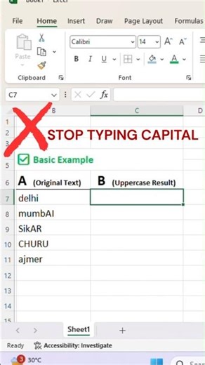 Stop Typing in CAPS | Use This Excel UPPER Formula! #shorts