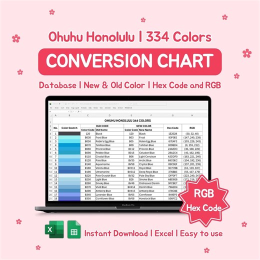 Ohuhu Honolulu Conversion Chart| 344 Colors| Old-new Code| Hex Code | RGB (excel File) - Etsy UK
