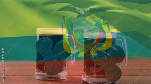 Two mugs appearing after 1s, fading in with clovers and foam, flag crest waving for celebration