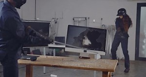 Rage room, anger or people break a computer for stress relief, emotional therapy or equipment vandalism. Friends, safety gear or destroy pc with golf club for vent activity or fun experience together