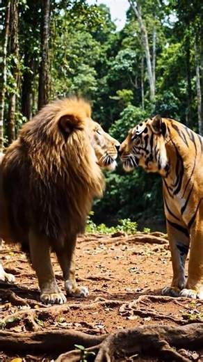 Lion and Tiger in Amazon forest #lion #tiger #amazon #animalslove