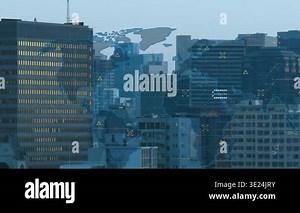 Faint world map fading in, data nodes and hex grid spreading over urban skyline, visualizing data. Cityscape, aerial, downtown, rooftop, overlay, infographic, network Stock Video Footage - Alamy