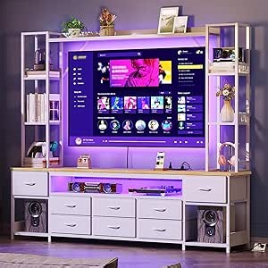 RALGEND Large Entertainment Center for Living Room, Wall Unit TV Stand with Bookshelves for TVs up to 65", Media Cabinet with Storage Drawers, LED TV Console with Power Outlets, White and Natural