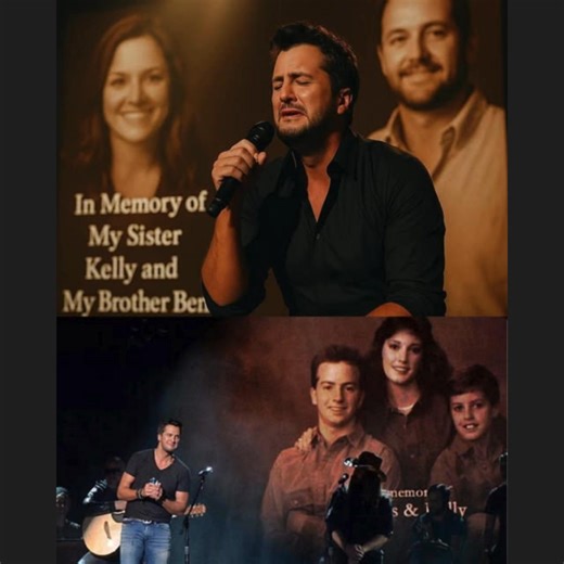 "Luke Bryan singing for the Siblings He Lost Too Soon. In one of the most emotional performances of his career, Luke Bryan sat at the edge of the stage to sing “Drink a Beer”, a song written as a tribute to his late sister Kelly and brother Ben — both of whom passed away unexpectedly. Behind him, their portraits glowed softly, with the message “In Memory of My Sister Kelly and My Brother Ben” casting a powerful presence over the stage. As Luke closed his eyes and sang with a trembling voice, the