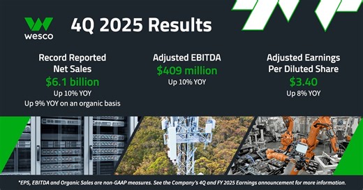 Wesco announced its fourth quarter and full year 2025 financial results. “We closed out 2025 with positive momentum and again outperformed the market with our leading portfolio of products, services and solutions,” says John Engel, Wesco Chairman, President and CEO. https://wes.co/4kw6a91#InvestorRelations #Earnings #IngenuityDelivered | Wesco Anixter