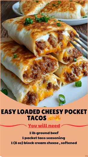 Easy  Loaded Cheesy Pocket Tacos 燎 Ingredients: (Makes 12 pockets) 1 lb ground beef (80/20 preferred for juiciness ) 1 packet taco seasoning (or homemade seasoning mix: chili powder, cumin, garlic powder, onion powder, salt, and pepper ) 1 (8 oz) block cream cheese , softened ½ cup salsa (mild, medium, or hot, your choice ) 1 cup shredded cheddar cheese (plus extra for topping )  | Heavenly Recipes For You | Facebook