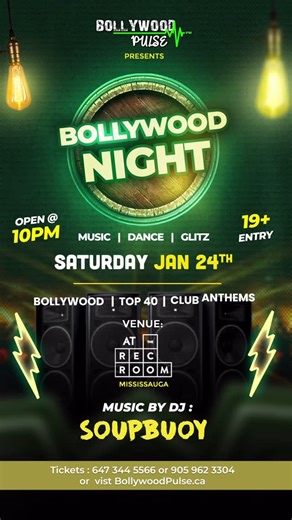Bollywood Pulse on Instagram: "Best Bollywood Madness!🥳✨ . . Get ready for an unforgettable evening filled with electrifying beats and nonstop dancing to the best of Bollywood-where Mississauga’s party scene meets desi flair! 💃🕺🔥 🗓 When: Saturday, January 24, 2026 ⏰ Time: Doors open at 10:00 PM 📍Where: The Rec Room Square One 🎶 Music by: @djsoupbuoy Top Bollywood & Desi DJs spinning classic and current bangers all night long 🎧✨ 🎟️ VIP & General Tickets: Link in Bio! 💫 Highlights: ✨ Hig