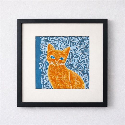 Orange Cat Wall Art 30x30 Cm – Blue Pattern Background – Modern Animal Illustration – Cute Cat Decor – Nursery & Home Wall Decor - Etsy