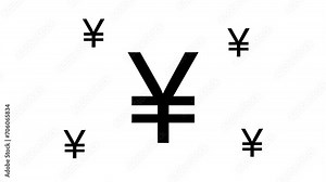 Zoom in and out animation the yuan symbol. Large black symbol in the center and four small symbols around. Seamless looped 4k animation on white background