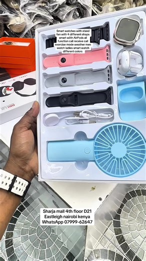Smart watches with stand fan with 4 different straps smart wiith AirPods all function call receive call exercise mode weather men watch ladies smart watch different colors Men smart watches water proof smart watches water resistance watches Eastleigh watches islii nairobi smart watches affordable smart watches ultra smart watches s9 smart watch AirPods headphones headset with smart watches sharja mall Eastleigh nairobi kenya Esahal kenya