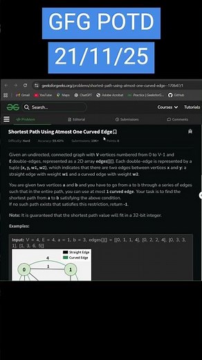 Shortest Path Using Atmost One Curved Edge | GFG POTD | 21/11/2025 #coding #gfg #potd #java #cpp