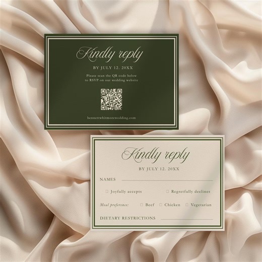 Timeless Green RSVP Card Template, Printable Olive Wedding Reply Card, Elegant Response Card With QR Code, Canva Editable Template, TLGR - Etsy