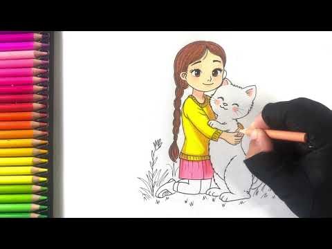 Cute Little Girl Hugging Her White Cat 🐱💕 | Adorable Colored Pencil Drawing