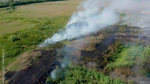 Peat smolders under a layer of soil near a green meadow. Hot spots of direct combustion are covered with a layer of peat ash. Clouds of light smoke spread across the ground. High quality. 4k footage.