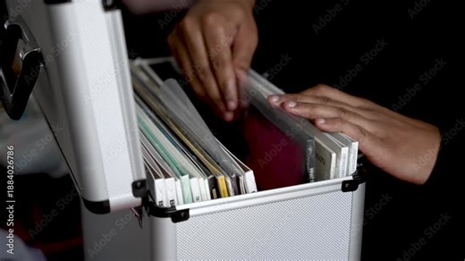 Hand Sorting Through Vinyl Records in Silver Case Music Collector Organizing Albums in Box for Personal Collection and Enjoyment