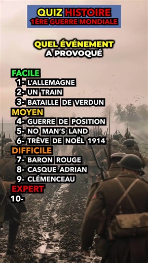 Quiz histoire 1ère guerre mondiale Seul un vrai passionné d'histoire pourra répondre à ces 10 questions sur la 1ère guerre mondiale !!! #quiz #histoire #1ereguerremondiale #premiereguerremondiale #1418 #apprendresurtiktok | Et toi, tu en penses quoi ?