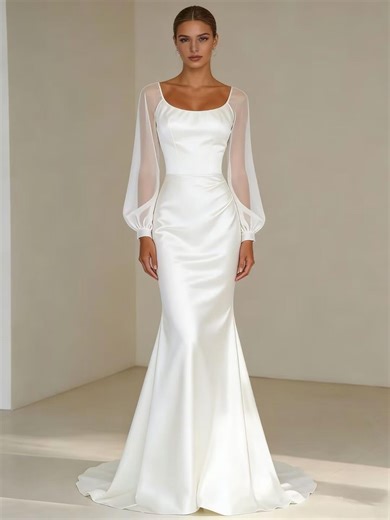 Robe de mariée sirène transparente à manches longues avec manches en mousseline de soie - Etsy France