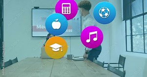 Coworkers exchanging greeting at business meeting table, causing floating topic icons, man exiting