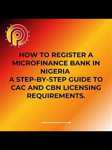 A guide on how to register a micro finance bank in Nigeria. We trust you would find this helpful. Reach out to us for legal guidance and assistance on the incorporation of your Microfinance bank. To WhatsApp Us: 08037220800 OR Send an email to: pomdigitech@gmail.com #microfinancebank #finance #fintech #banking #companyregistration