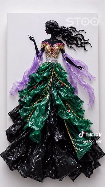 Can you believe this dress started as ordinary bags? 👗✨ Fold. Twist. Shape. Layer. Gather. Arrange. Design. Create. Transform. Inspire. A little imagination. A few colorful materials. Hundreds of tiny details. And suddenly something ordinary becomes a work of art 💚 Recycled art ideas. Creative fashion design. DIY dress artwork. Upcycled craft projects. Mixed media art. Handmade wall art. Creative recycling ideas. Fashion illustration art. Sustainable creativity. Art from everyday materials. Wh
