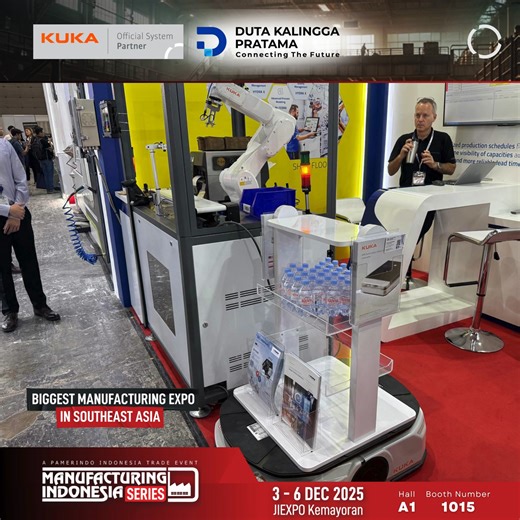 We’re powering into Day 2 at Manufacturing Indonesia 2025! KUKA and our Official System Partner PT Duta Kalingga Pratama invite you to Hall A1, Booth 1015 to witness: KR AGILUS, delivering high-speed sticker labelling precision KUKA AMR, demonstrating autonomous logistics automation for smarter material handling Come experience how KUKA robotics transforms production efficiency and enables the factory of the future. 📅 3rd – 6th December 2025 📍 JIEXPO Kemayoran ✨ Visit us today and discover the