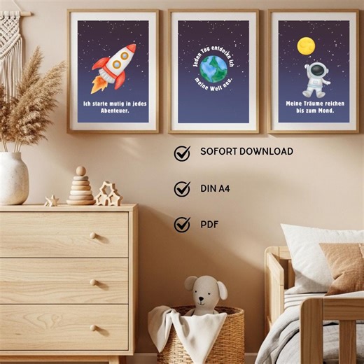 Space Poster Set for Children's Room – 3-piece – Rocket, Astronaut, Earth – Affirmations for Children – Children's Room Decor – Digital Download - Etsy