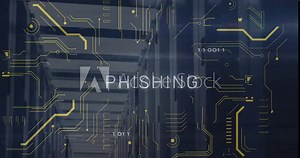 Phishing text and microprocessor connections against empty computer server room