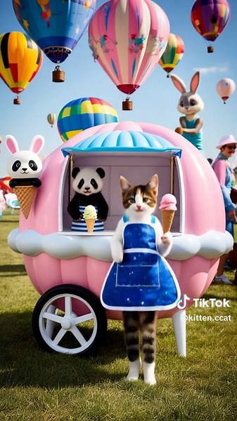 ‏The cat distributes ice cream at the balloon festival.🎈😻🍦😂