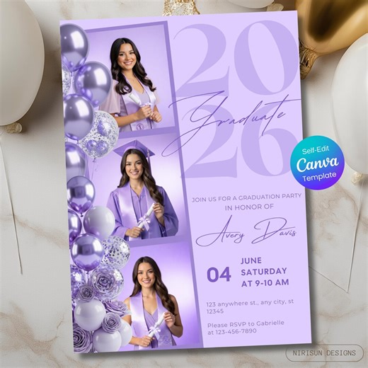 Purple Photo Graduation Invitation, Class of 2026 Grad Party Invite, Purple Grad Invite, Senior Photo Invitation, Photo Graduation Card - Etsy