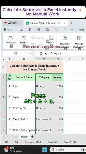 Calculate Subtotals in Excel Instantly ⚡ No Manual Work! #excel #ytshorts #exceltips