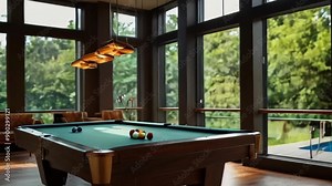 Pool Table in a Modern Game Room with Large Windows and a View of the Outdoors
