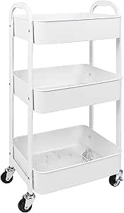 MAX Houser 3-Tier Rolling Utility Cart with Caster Wheels,Easy Assembly, for Kitchen, Bathroom (White)