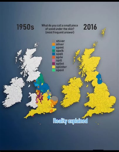 UK Dialect Map (1950s vs 2016) 🇬🇧🗣️ Language changes faster than we think! 😲🗺️ This map shows what people in the UK called “a small piece of wood under the skin” in the 1950s compared to 2016. From “splinter” to dozens of local words, it’s a perfect example of how dialects evolve. 📖✨ The 1950s UK was full of regional vocabulary, but by 2016 many areas shifted toward one dominant word. 🌍📌 Modern media, internet culture, and national education systems may have unified language—but it also 
