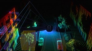 Autonomous car driving training process. Artificial intelligence object detection system. Concept of Self-driving car vision